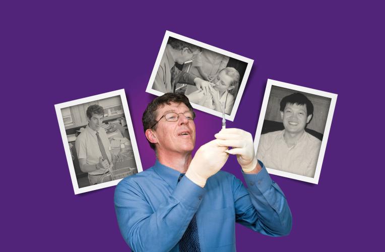 Professor Ian Frazer holding the vaccine, surrounded by iconic moments in Gardasil's history